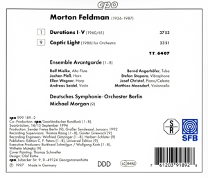 feldman, morton, durations i-v/coptic light, ensemble avantgarde/deutsches symphonie-orchester berlin/morgan - Afbeelding 2